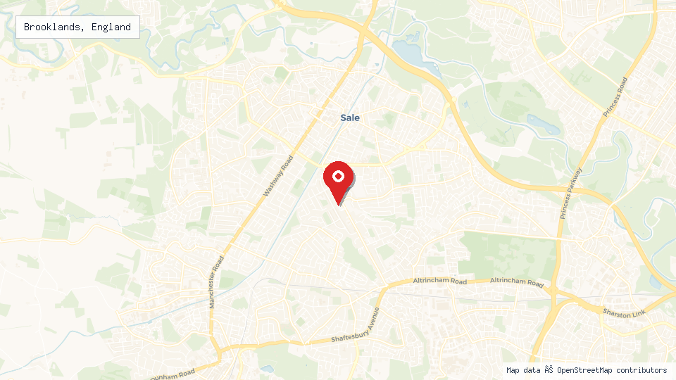 Street map of Brooklands, England with location pin