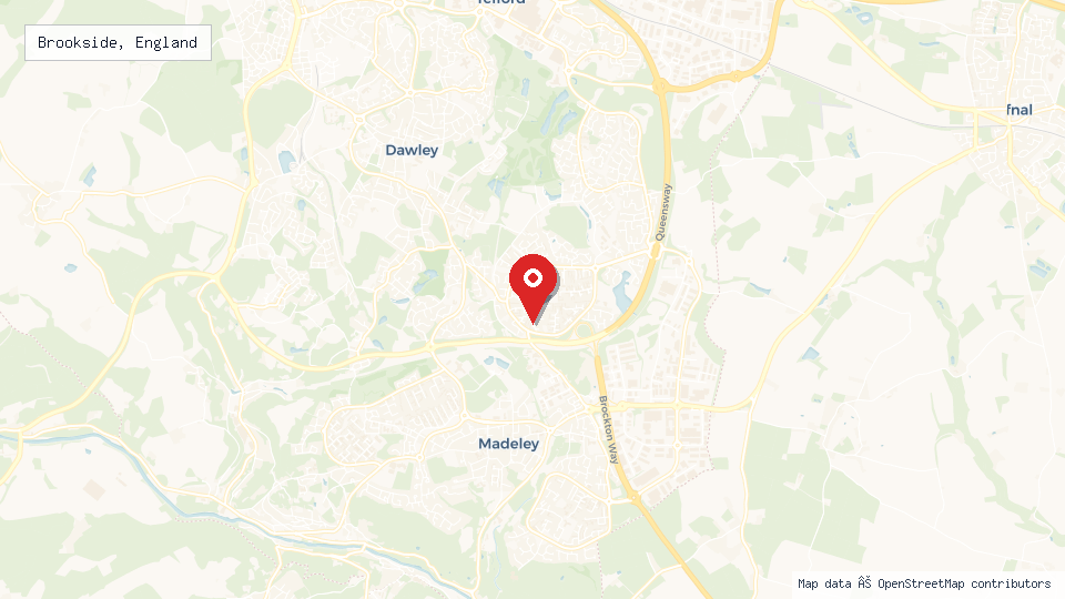 Street map of Brookside, England with location pin