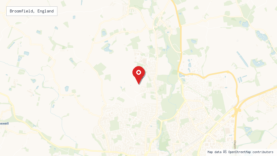 Street map of Broomfield, England with location pin