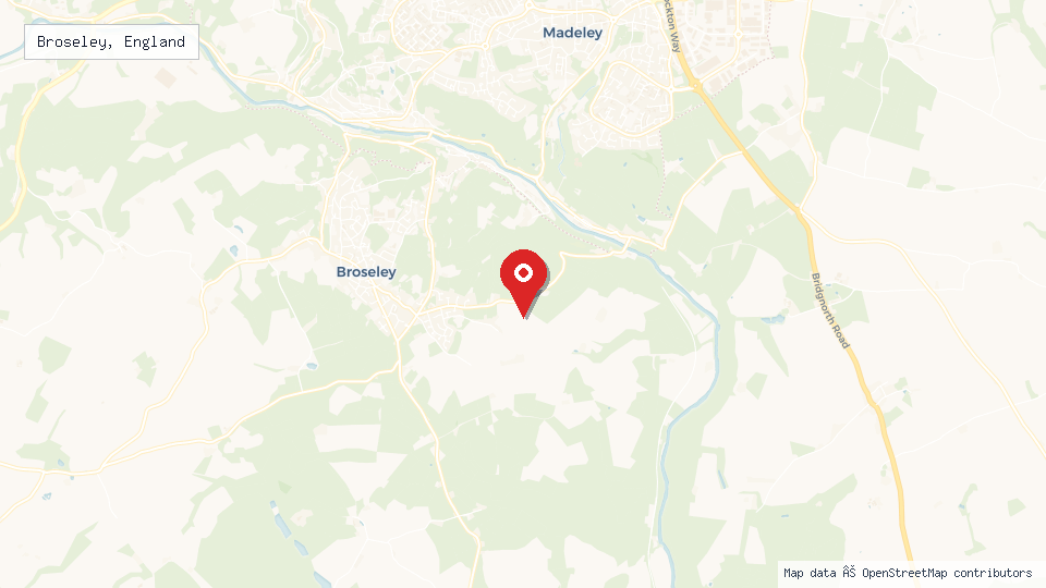 Street map of Broseley, England with location pin