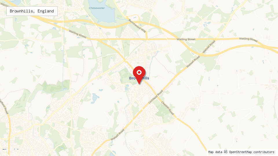 Street map of Brownhills, England with location pin