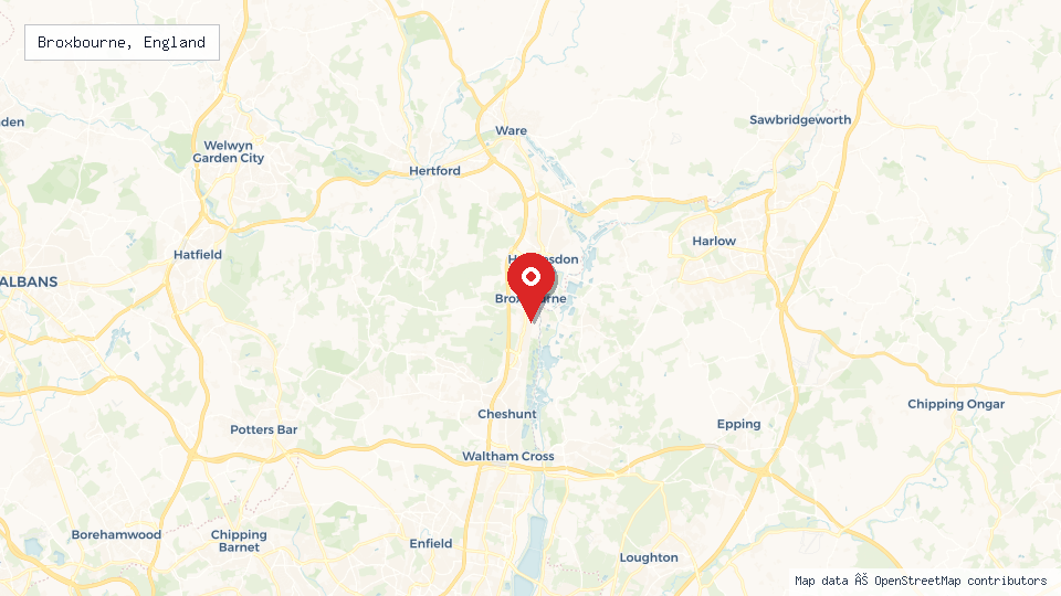 Street map of Broxbourne, England with location pin