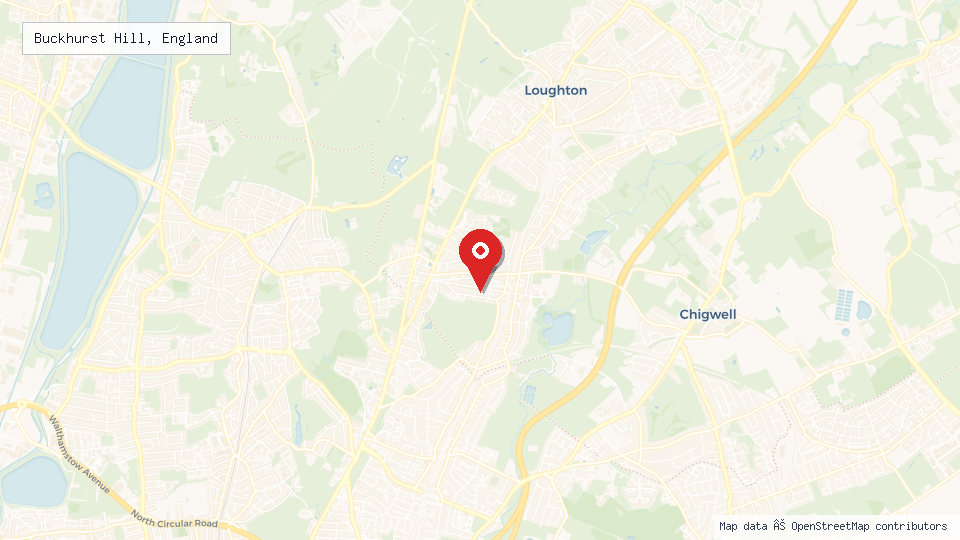 Street map of Buckhurst Hill, England with location pin