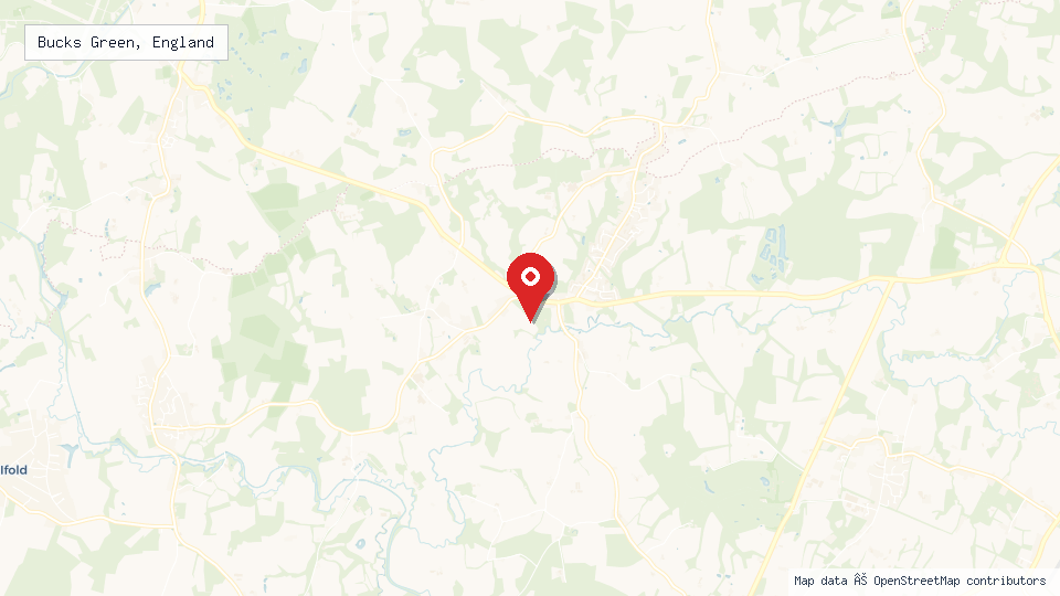 Street map of Bucks Green, England with location pin