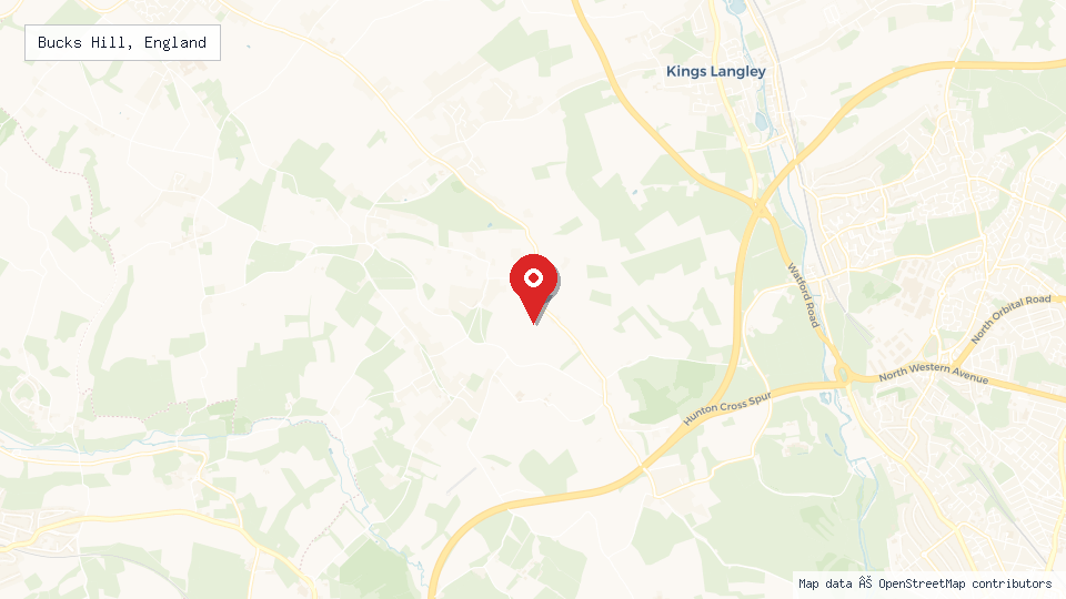 Street map of Bucks Hill, England with location pin