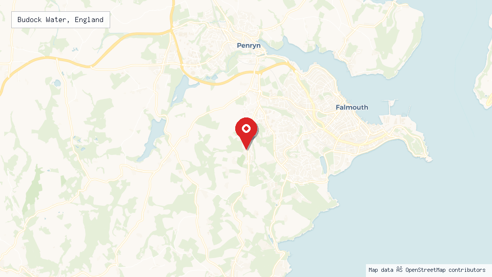 Street map of Budock Water, England with location pin