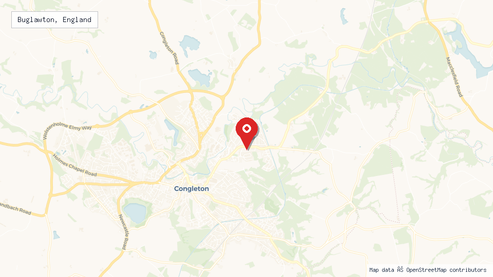Street map of Buglawton, England with location pin