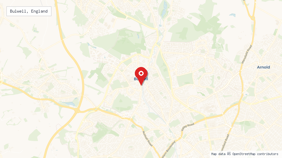 Street map of Bulwell, England with location pin