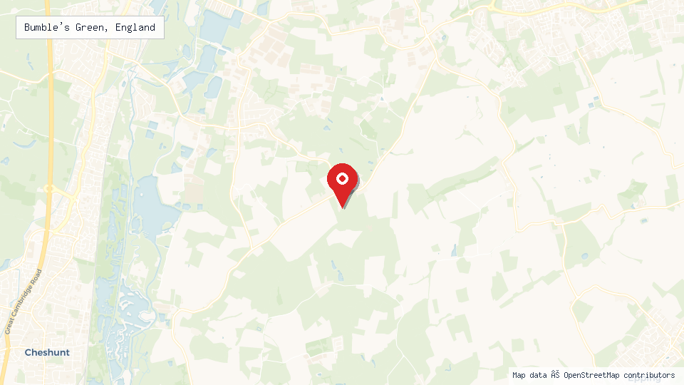 Street map of Bumble's Green, England with location pin