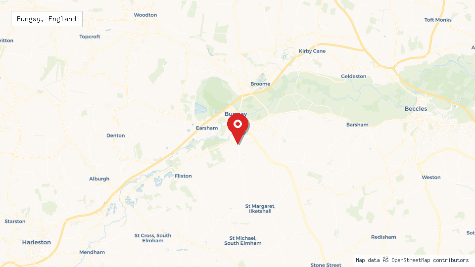 Street map of Bungay, England with location pin