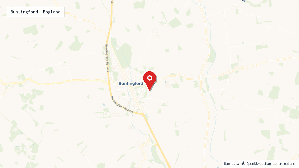 Street map of Buntingford, England with location pin