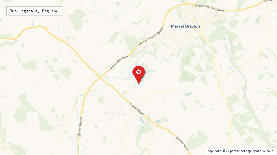 Street map of Buntingsdale, England with location pin