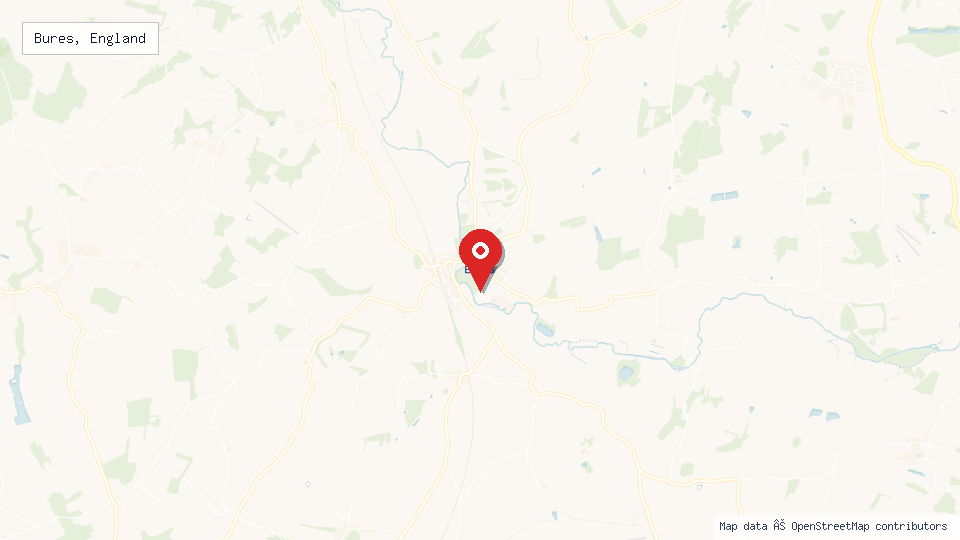 Street map of Bures, England with location pin
