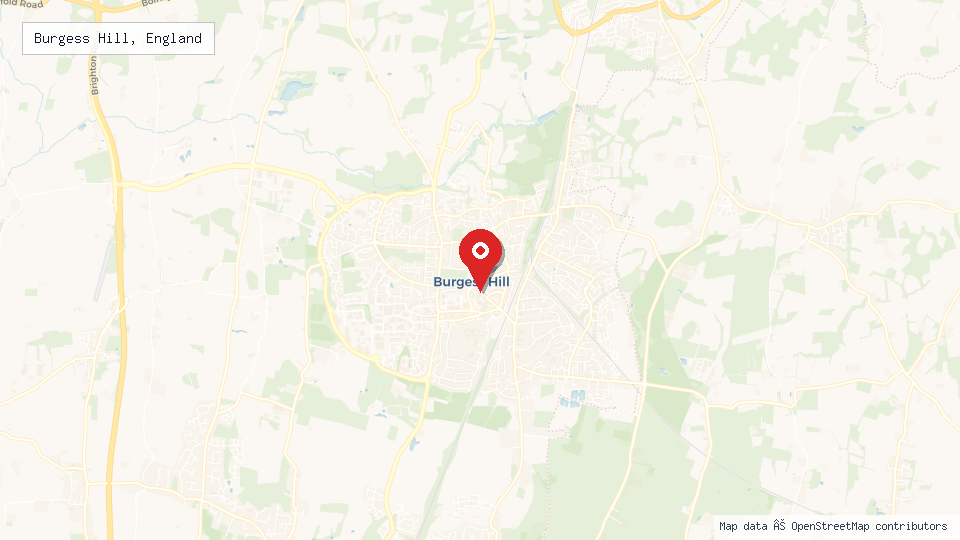 Street map of Burgess Hill, England with location pin