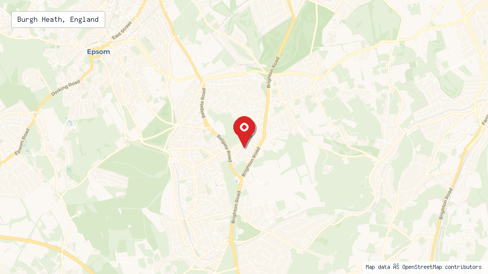 Street map of Burgh Heath, England with location pin