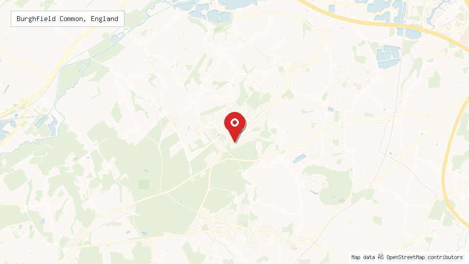 Street map of Burghfield Common, England with location pin