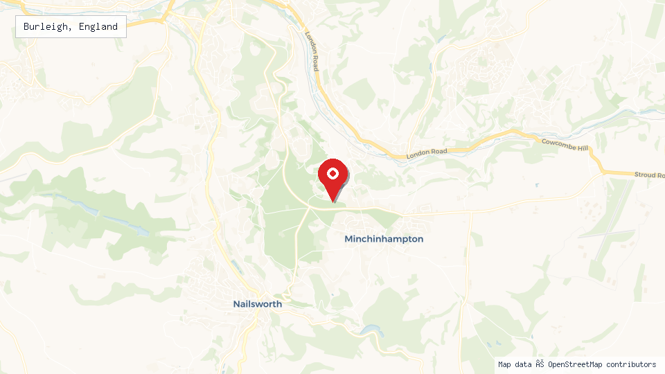 Street map of Burleigh, England with location pin