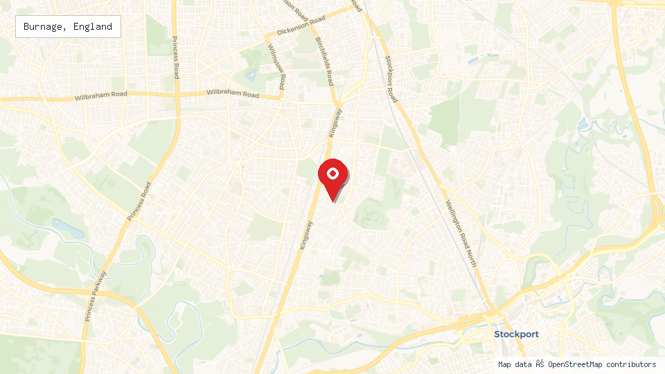 Street map of Burnage, England with location pin