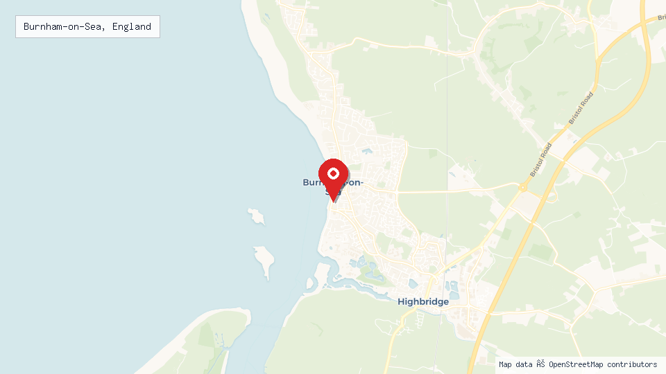 Street map of Burnham-on-Sea, England with location pin