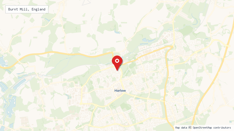 Street map of Burnt Mill, England with location pin