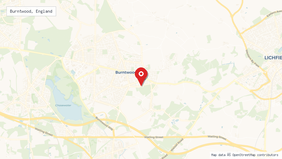 Street map of Burntwood, England with location pin