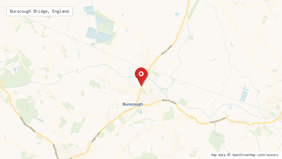 Street map of Burscough Bridge, England with location pin