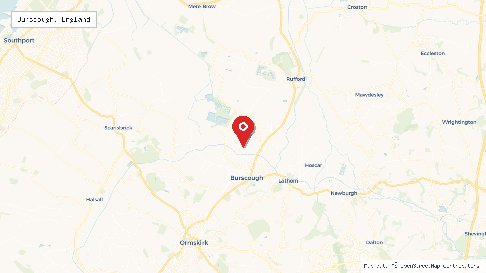 Street map of Burscough, England with location pin
