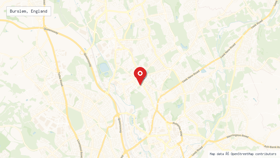 Street map of Burslem, England with location pin