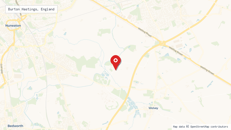 Street map of Burton Hastings, England with location pin