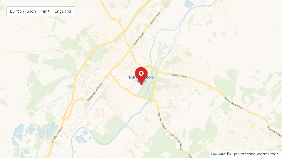 Street map of Burton upon Trent, England with location pin