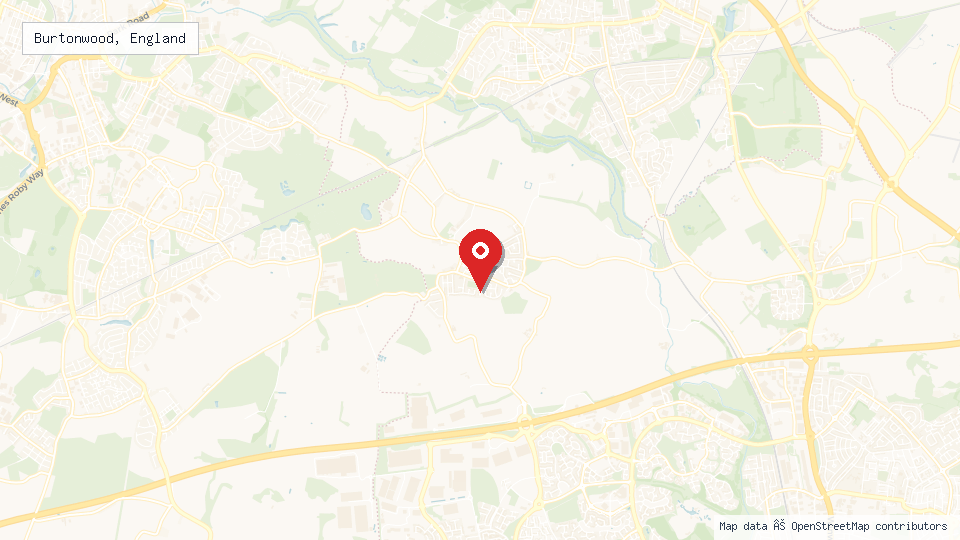 Street map of Burtonwood, England with location pin
