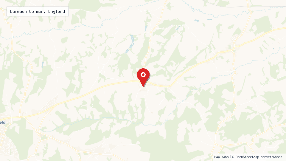 Street map of Burwash Common, England with location pin