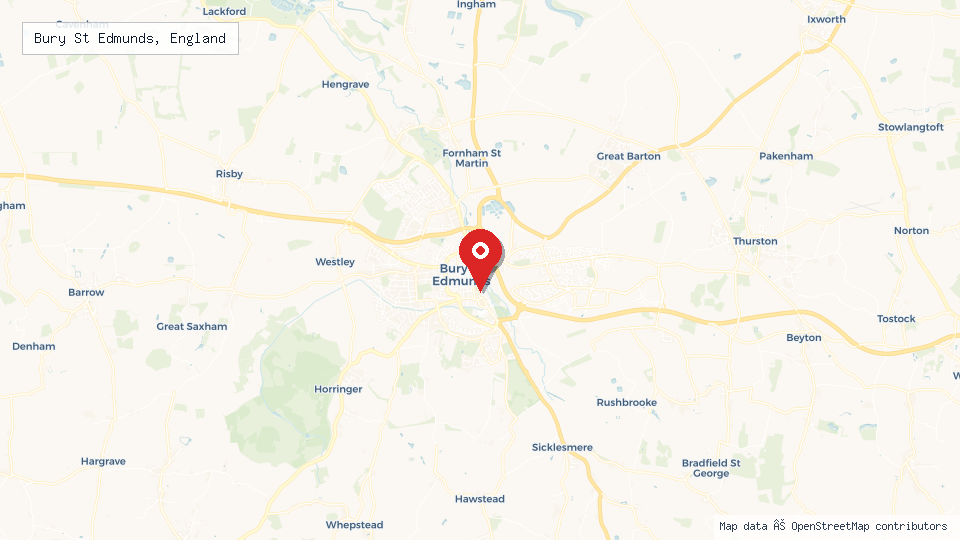 Street map of Bury St Edmunds, England with location pin