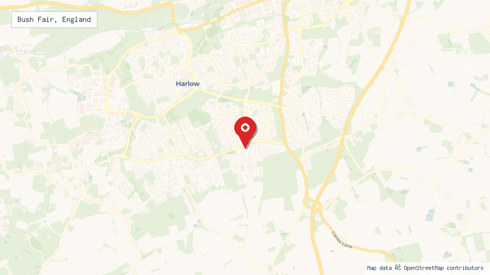 Street map of Bush Fair, England with location pin