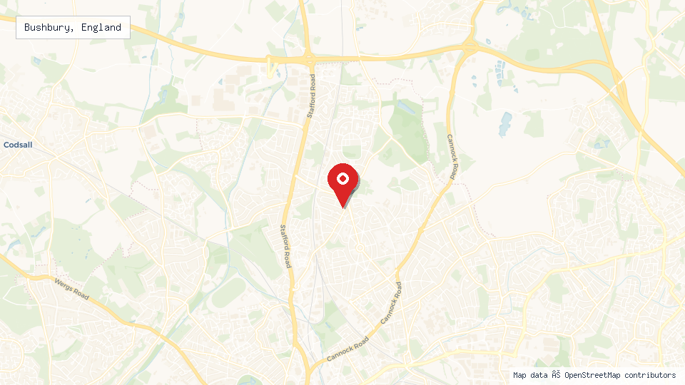 Street map of Bushbury, England with location pin