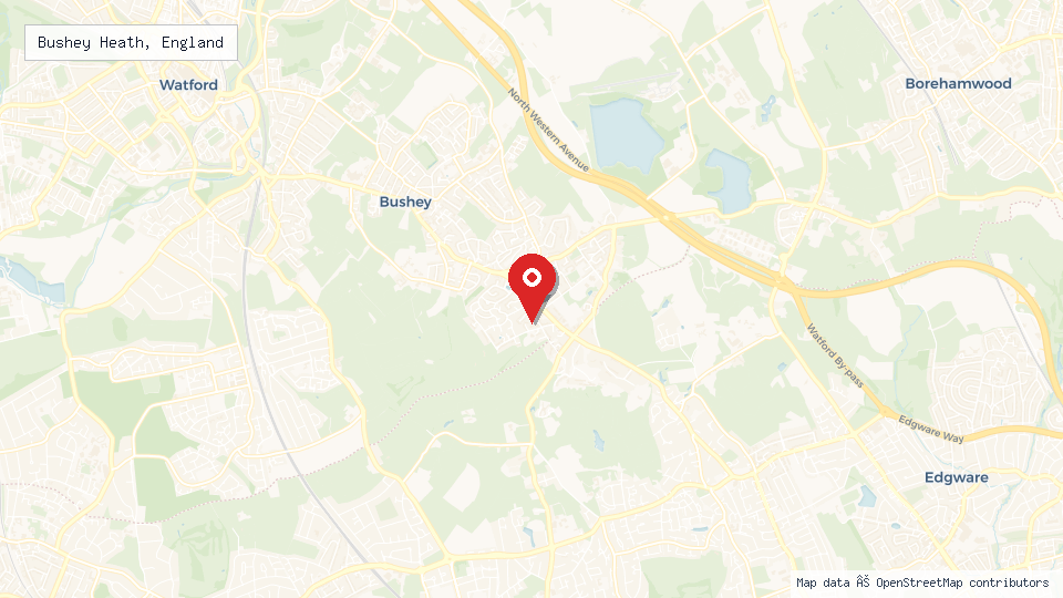 Street map of Bushey Heath, England with location pin