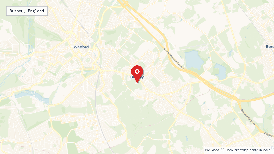 Street map of Bushey, England with location pin