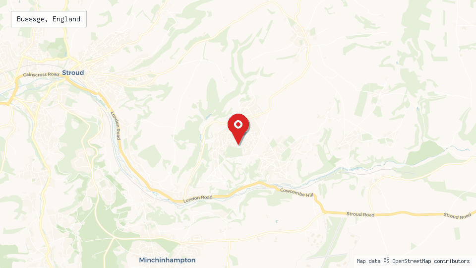 Street map of Bussage, England with location pin