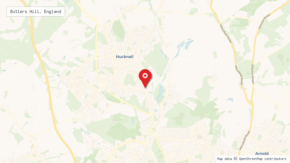 Street map of Butlers Hill, England with location pin