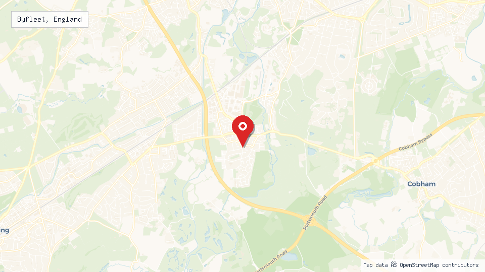 Street map of Byfleet, England with location pin