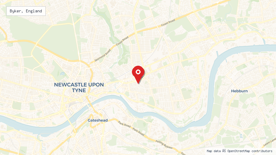 Street map of Byker, England with location pin