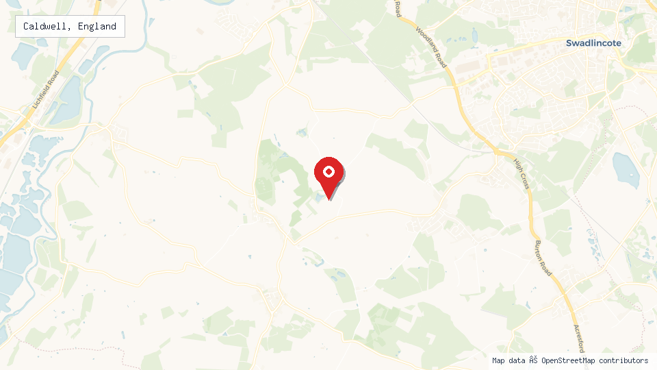 Street map of Caldwell, England with location pin
