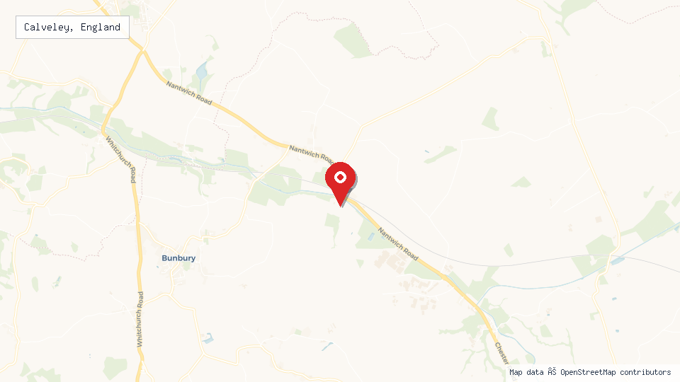 Street map of Calveley, England with location pin
