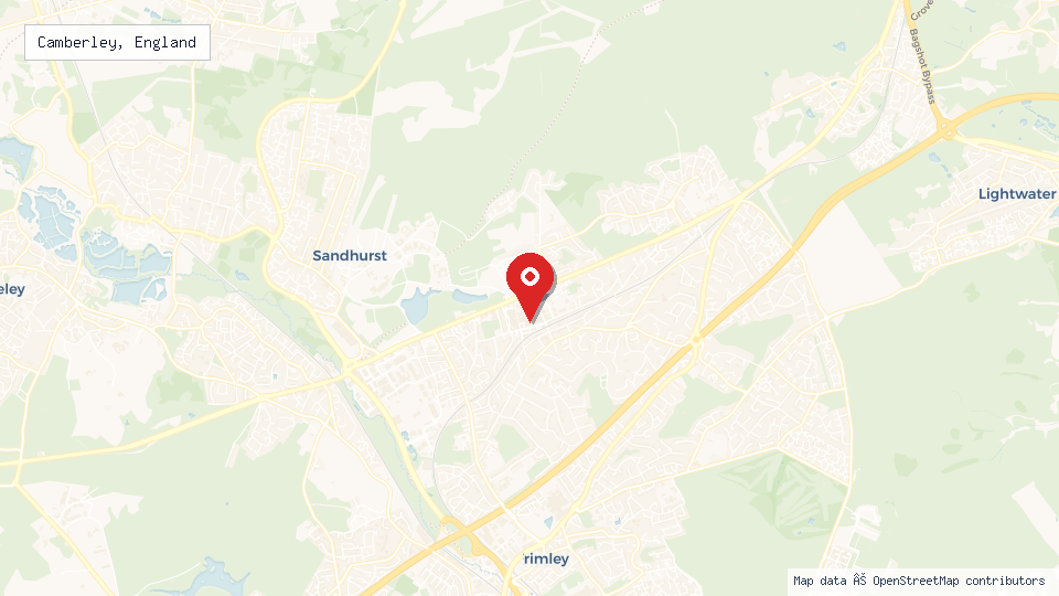 Street map of Camberley, England with location pin