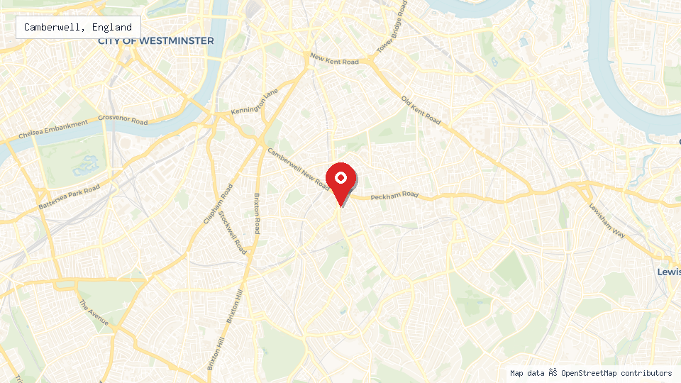 Street map of Camberwell, England with location pin