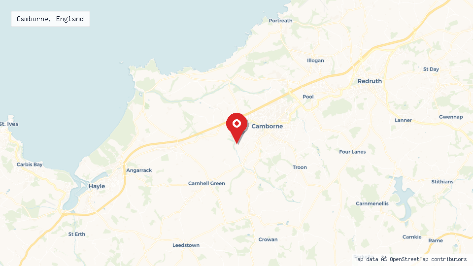 Street map of Camborne, England with location pin