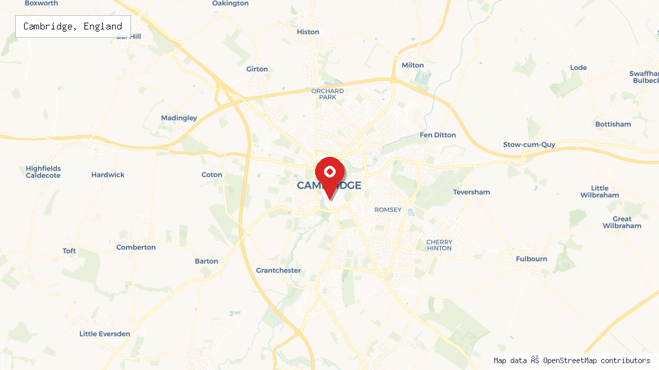 Street map of Cambridge, England with location pin
