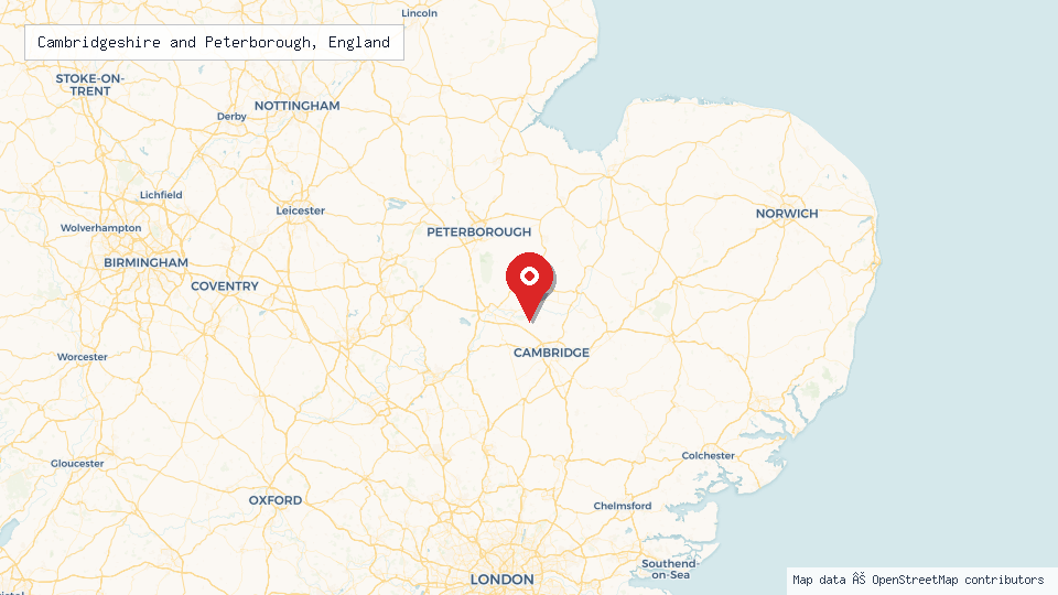 Street map of Cambridgeshire and Peterborough, England with location pin