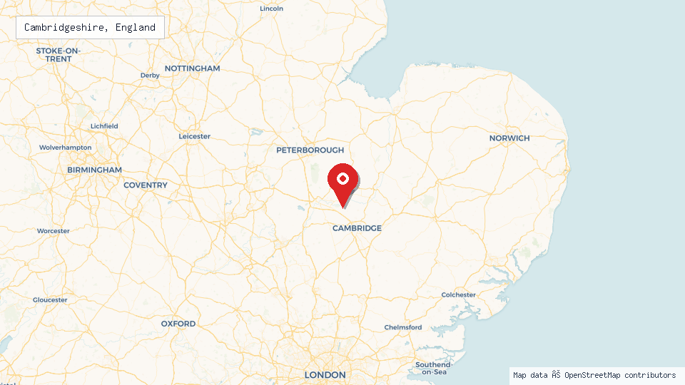Street map of Cambridgeshire, England with location pin
