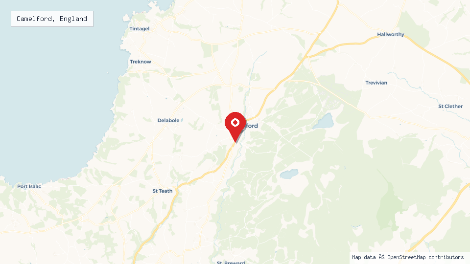 Street map of Camelford, England with location pin